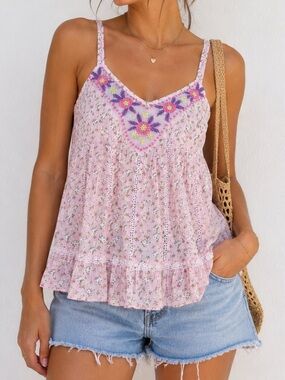 Vintage Nolita Pink Floral Embroidered Lace Boho Babydoll Tank Top Medium